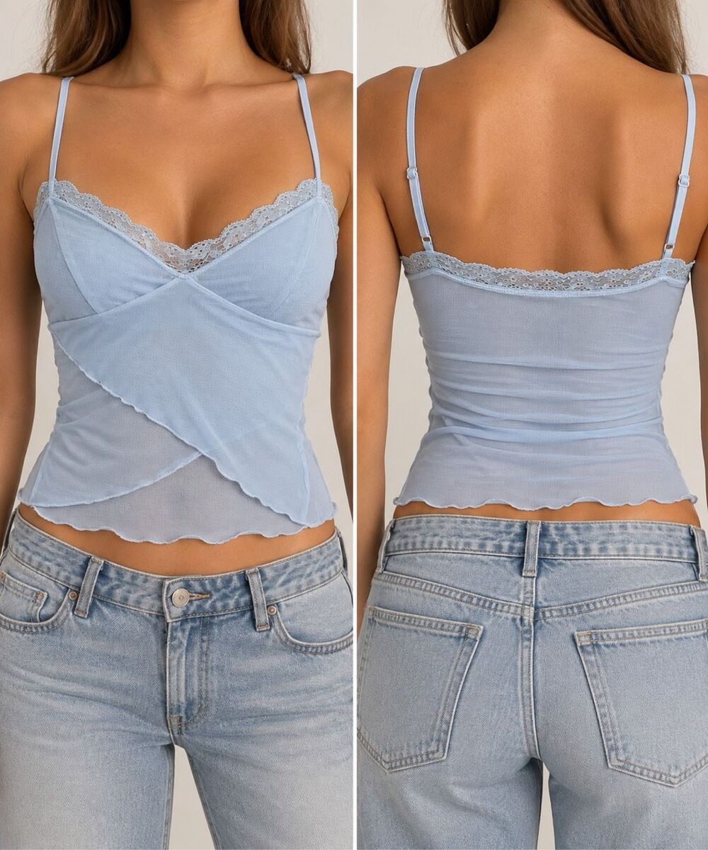 Edikted Blue Lace Mesh Wrap Cami Top Size Small Y2K Fairy Grunge